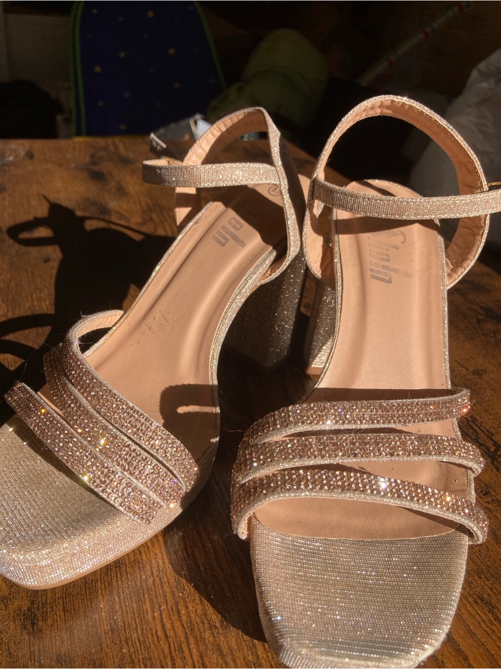 Women's Glitter Block Heel Sandals - gold strappy rhinestones Sheln 8.5